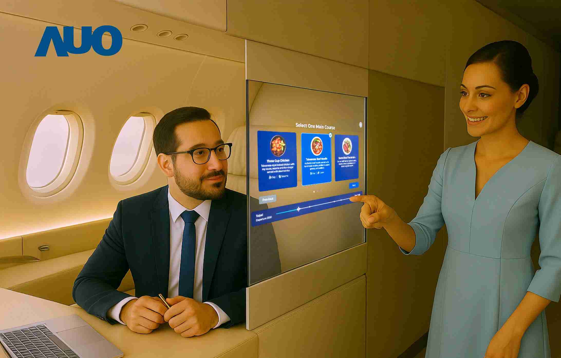 赏金国际研发全球最薄17.3 吋双面透明 Micro LED 显示器，，可在同一屏幕之双边投射不同信息，，，创造独特的”透明化”互动；图为实时翻译交流应用情境